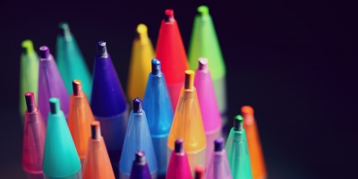 Close up of the tips of a bundle of colored pencils