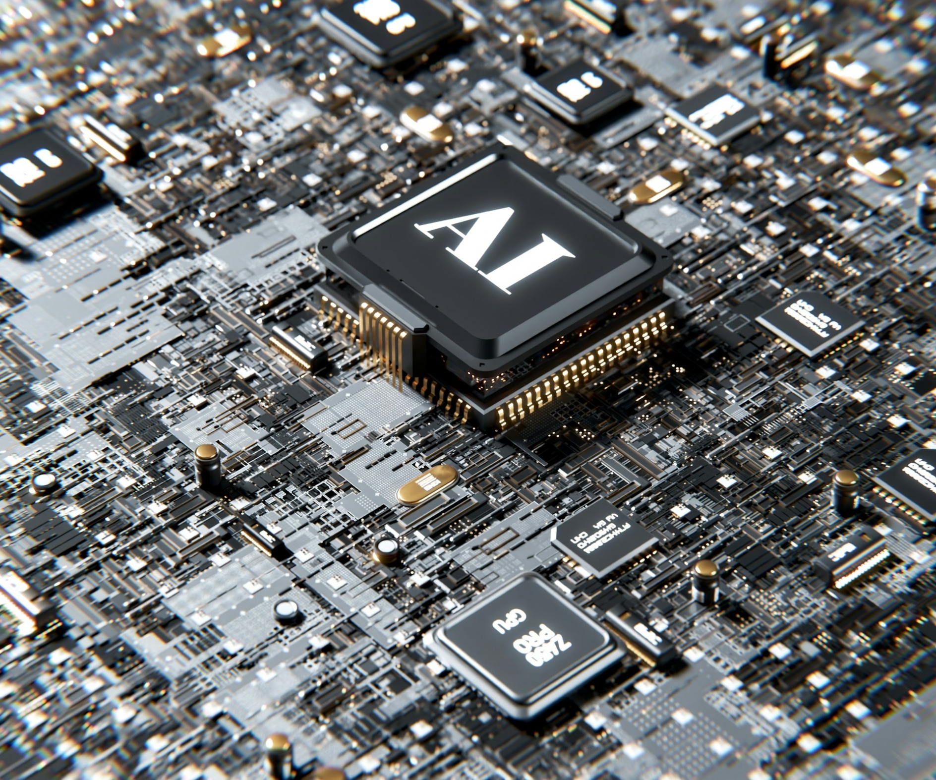 The letters AI, printed on a large computer chip, in the middle of a circuitboard