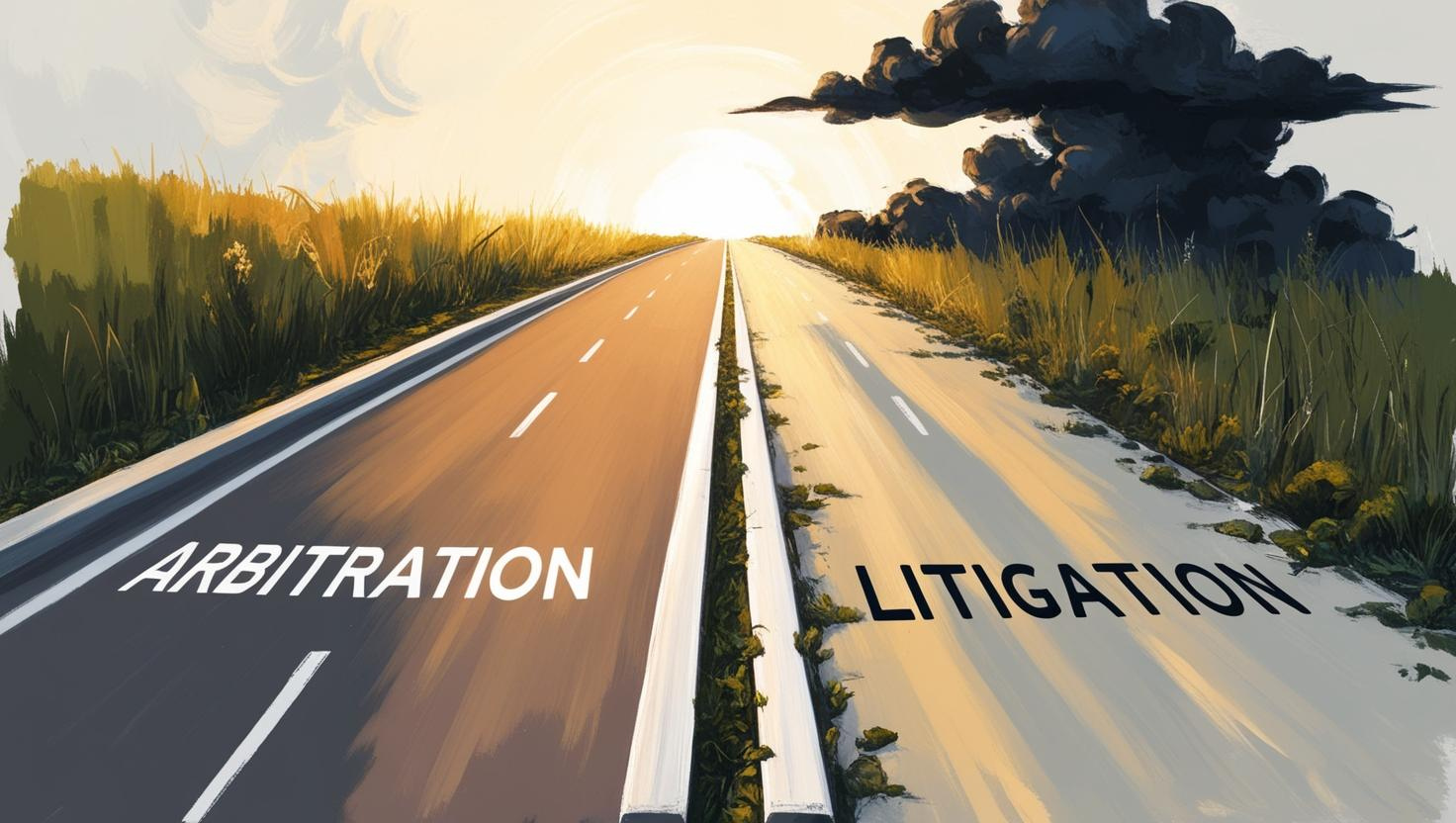 Illustration of a road going off into the horizon. On one side of the road is the word Arbitration, and on the other side Litigation.
