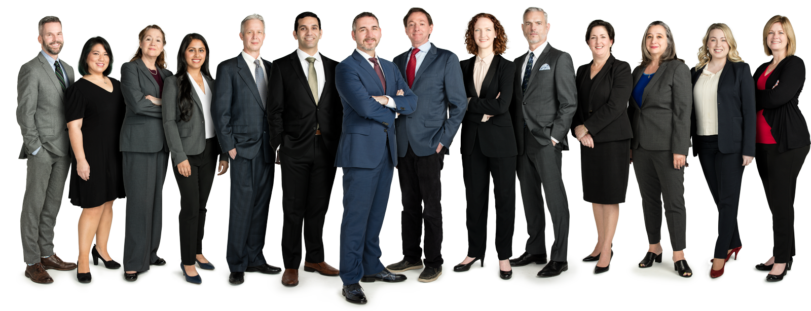 Fourteen people wearing business suits standing in a row