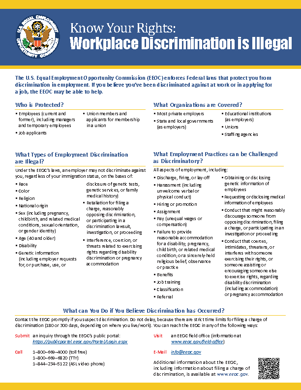 Image of a flyer titled Know Your Rights: Workplace Discrimination is Illegal