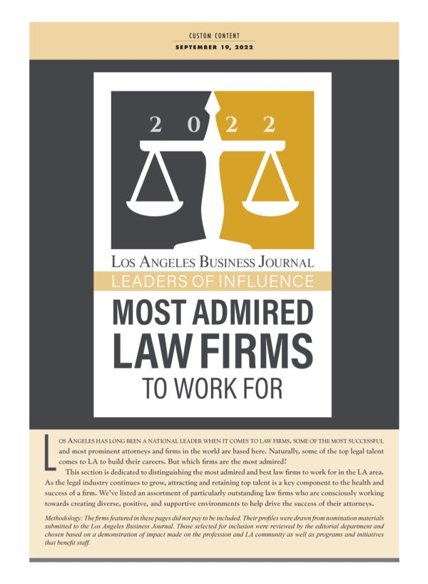 Cover of the Los Angeles Business Journal's 2022 most admired law firms to work for issue
