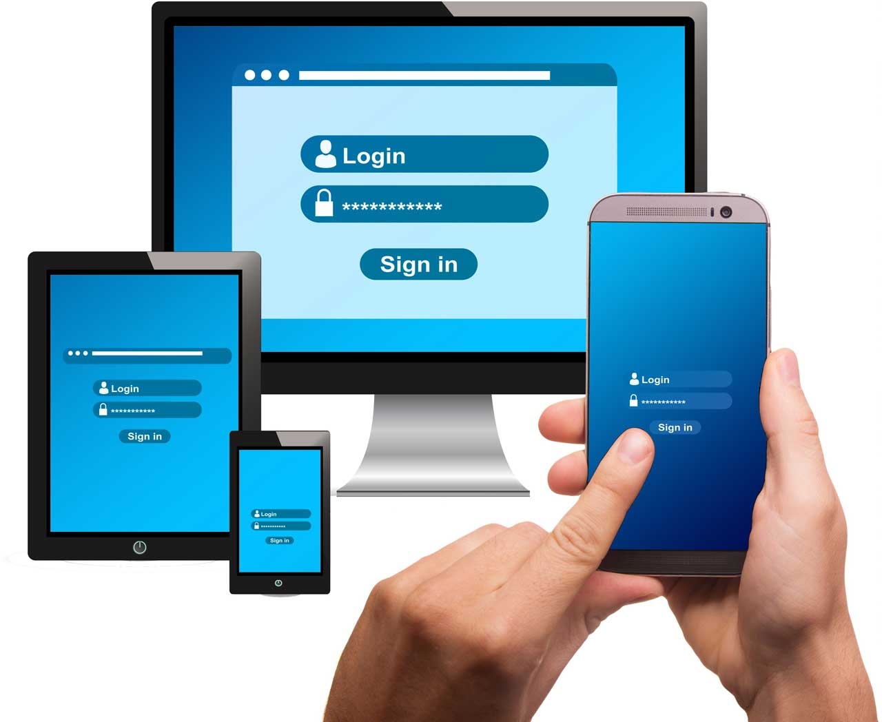 Hands logging in to a phone, with a computer and two tablets in the background, also displaying a login screen