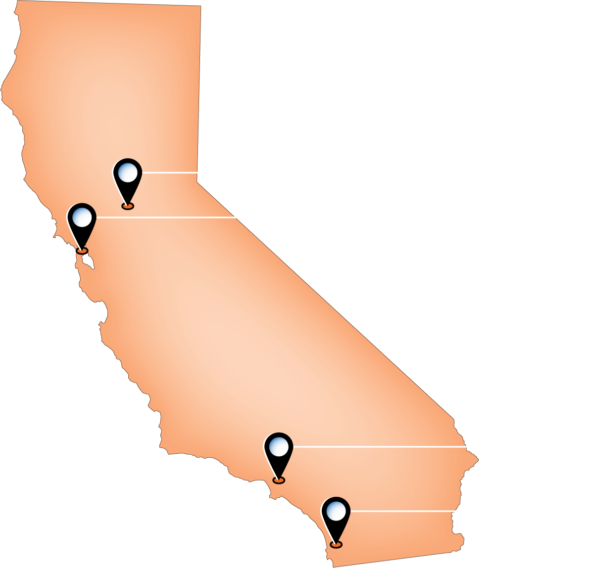 Map of California showing office locations in Los Angeles, San Diego, San Francisco and Sacramento
