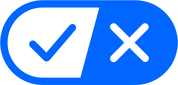 A horizontal, pill shaped icon with a blue outline, containing a blue checkmark on a white background on the left, and a white x on a blue background on the right
