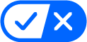 Blue, pill shaped icon, with a checkmark on the left side and an X on the right