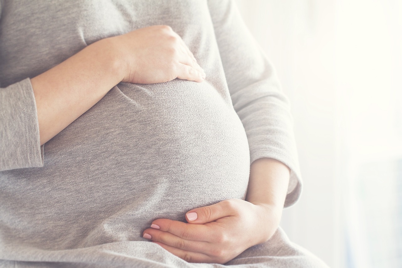 Photo showing the torso of a pregnant woman, wearing a grey shirt, holding her belly