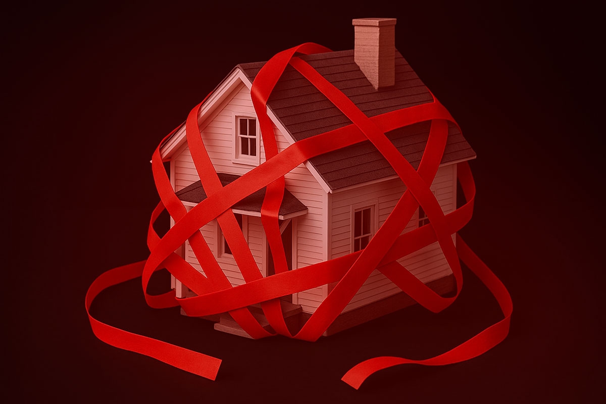 Illustration of a white house, sloppily wrapped with a red ribbon