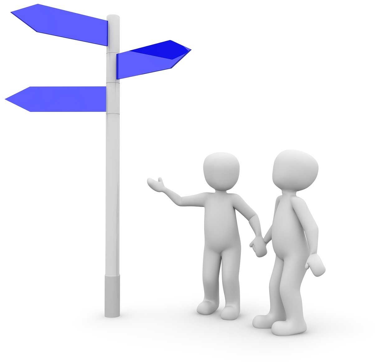 An illustration of two featureless figures looking at a signpost with three arrows pointing in different directions